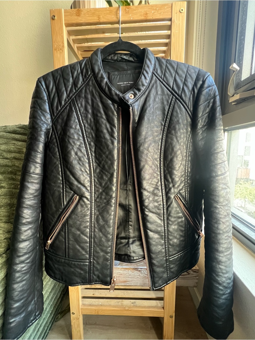 Marc New York Black Quilted Faux Leather Moto Jacket with Zip Pockets